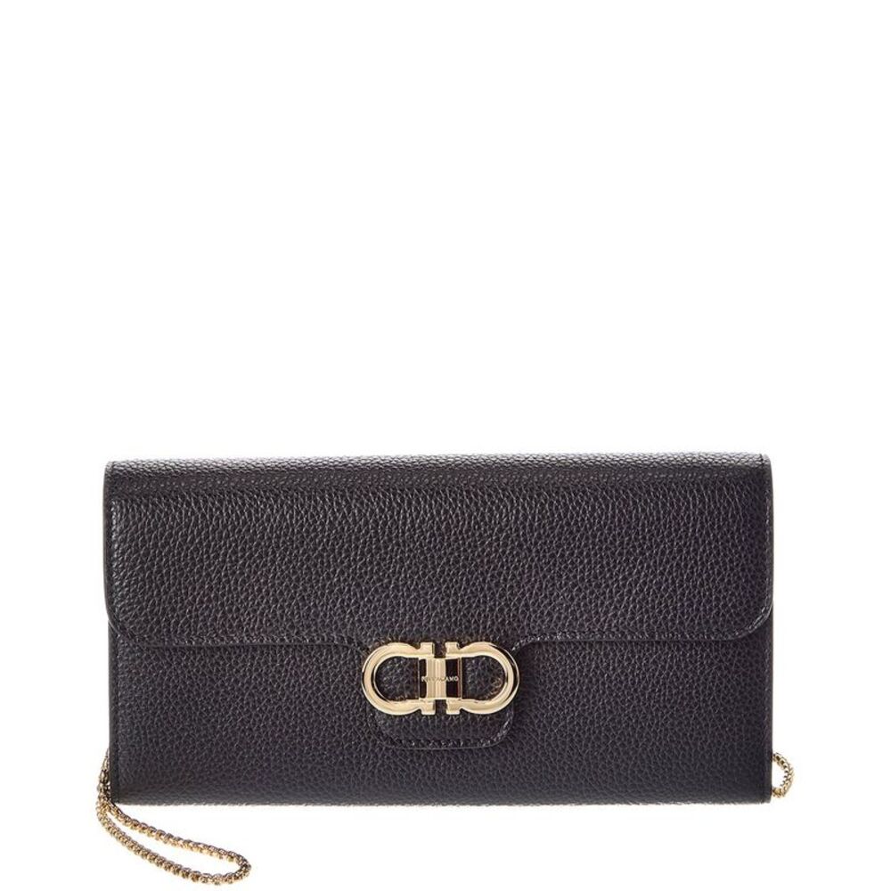 Ferragamo Gancini Leather Wallet On Chain, Black